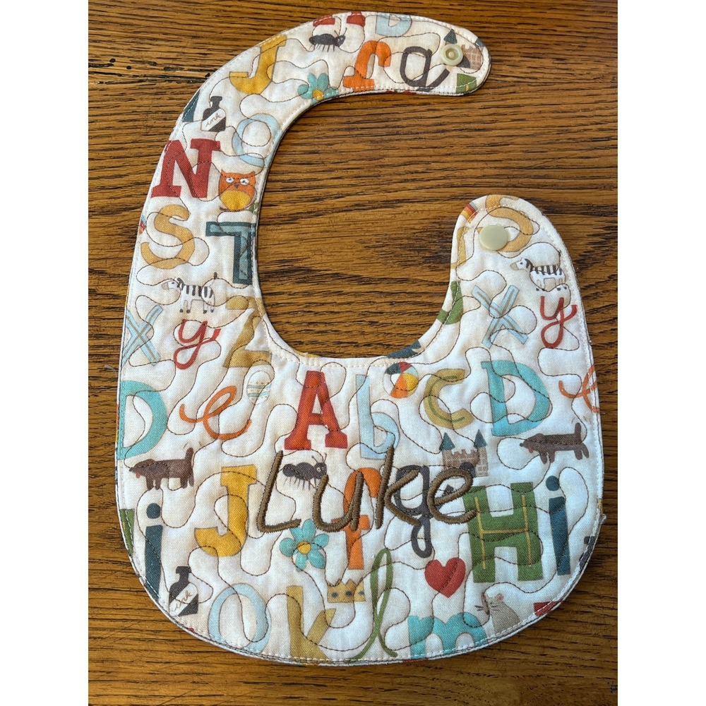 Handmade Quilted Alphabet Animal Baby Bib Personalized Luke Snap Closure Boys‎